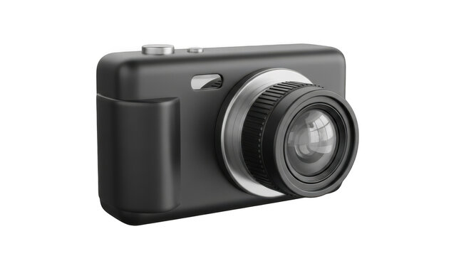 Sleek black camera with lens cap attached ready for use isolated on transparent background