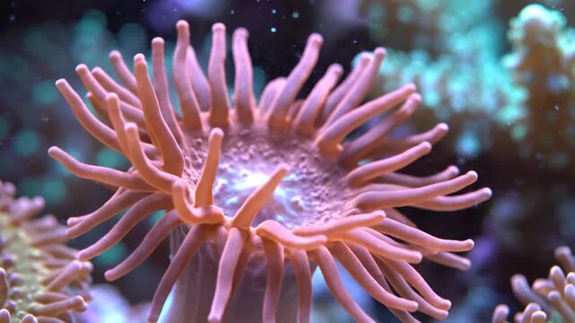 A vibrant pink coral anemone in a marine aquarium closeup