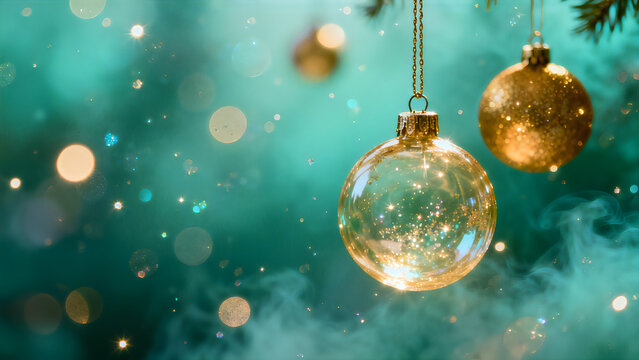 Golden Christmas baubles on pine branch, festive holiday background with teal bokeh lights, elegant winter celebration scene with gold ornaments isolated on White Background