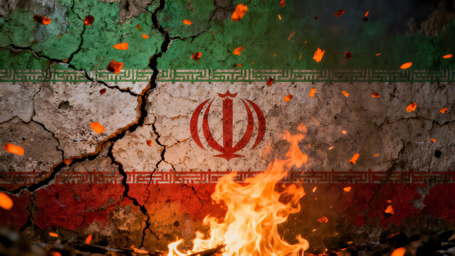 Cracked Iranian flag on damaged stone wall with fire, Iran national flag with deep fissures and burning embers, concept of political crisis and conflict isolated on White Background