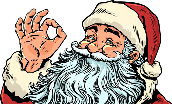 Pop Art Retro Santa Claus gives the OK sign. Santa Claus is excited about the coming New Year. Special offers for customers during the holidays.
