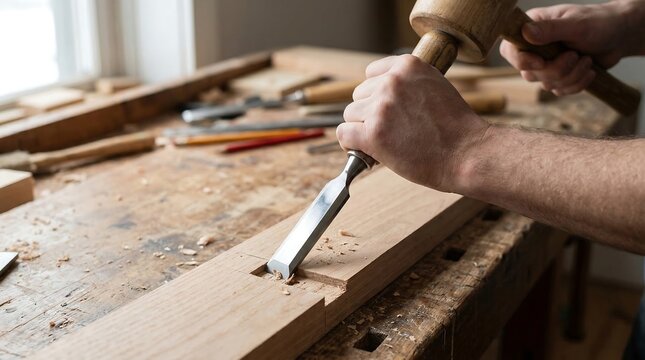 Man using chisel and mallet to carve wood on workbench on transparent background