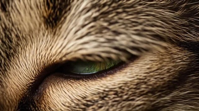 Close-up of a cat's eye with green iris and brown fur texture.