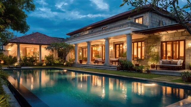 Evening view of a luxury villa with illuminated pool and grand mansion exterior