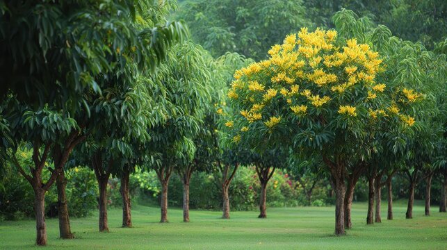 Grove of ten trees showcasing vibrant yellow blossoms on a standout Ratchaphruek among green canopies
