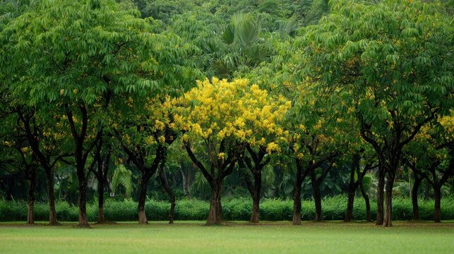 Natural row of ten trees in a sunlit yard, emerald leaves with bursts of yellow blossoms and a blooming Ratchaphruek