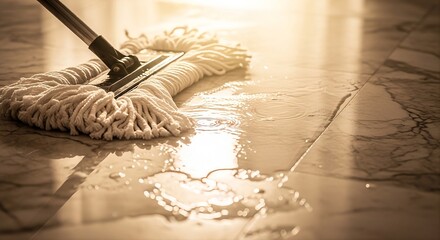 Naklejka premium Cotton Mop Cleaning Wet Marble Floor with Sunlight Reflection and Water Ripple