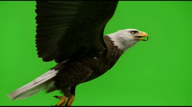 Majestic bald eagle spreads wings and flaps on green background