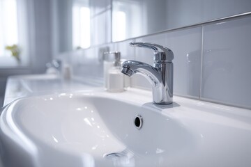 Fototapeta premium Shiny chrome tap and clean sink featured in a bright, contemporary bathroom setting