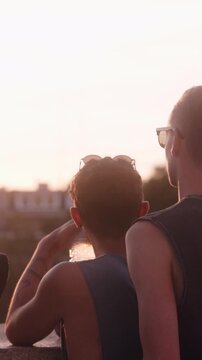 Gay couple and female friend enjoying sunset together