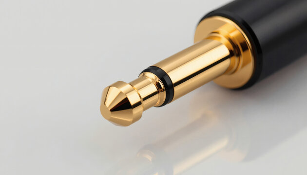Gold-plated audio jack connector macro. Premium broadcasting hardware.