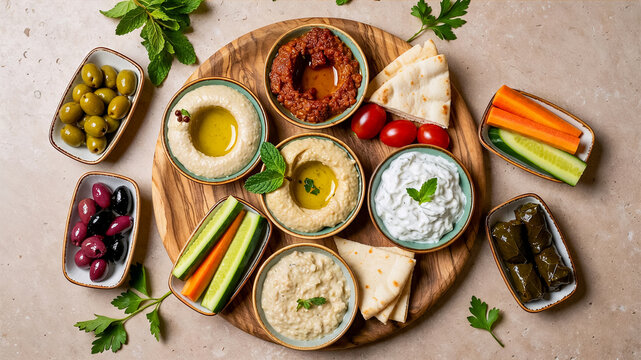 Assorted mediterranean mezze platter with hummus baba ganoush tzatziki olives pita bread and stuffed grape leaves