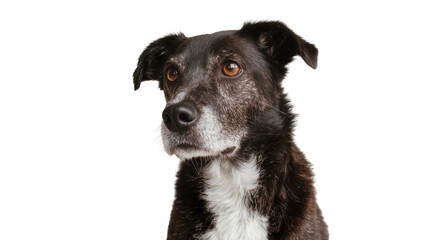 Elderly black and white dog with grey muzzle, isolated on transparent background © Vasilis