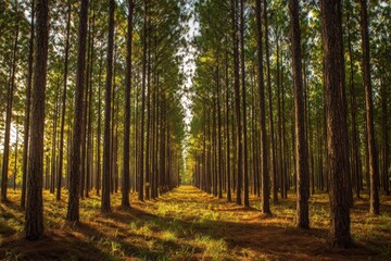 Fototapeta premium Perspective of a linear pine plantation with uniform trunks and needles on forest floor