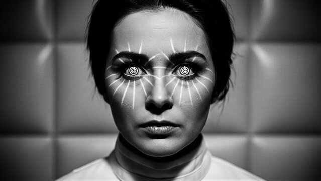 Woman with hypnotizing spiral pattern on eyes. Concept of mind control and digital brainwashing. Sci-fi portrait of human under influence of electronic signal radiation technology.