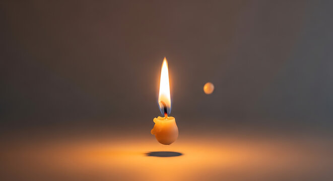 Candle burning softly with flickering flame on dark background  