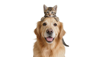Tabby kitten perched on golden retriever dog s head, isolated on transparent background © Vasilis