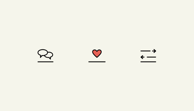 Minimalist icons of speech bubbles, a red heart, and directional arrows arranged on a light cream background. This symbolic scene represents digital communication and connection, with copy space.