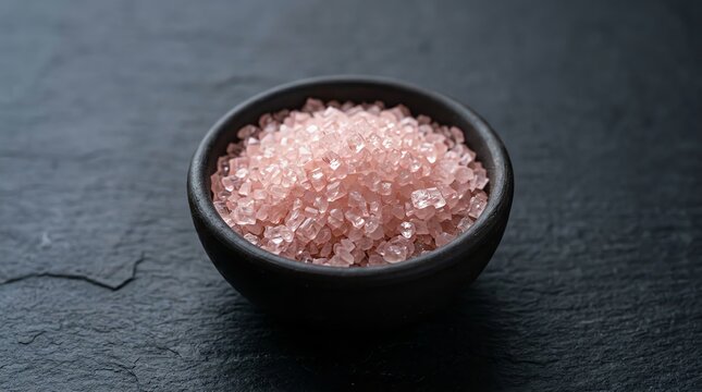 Pink Himalayan Salt in a Black Ceramic Bowl on Dark Stone Background