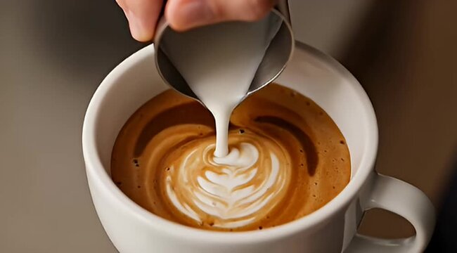 Pouring steamed milk into espresso coffee to create latte art in white mug