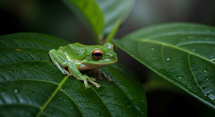 Obraz premium Vibrant green tree frog with striking orange eyes perched on a lush leaf, showcasing intricate skin texture and delicate toes.