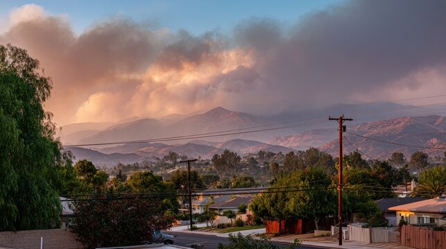 Evening wildfire smoke over hillside suburb viewed from a residential street along Yucaipa Blvd
