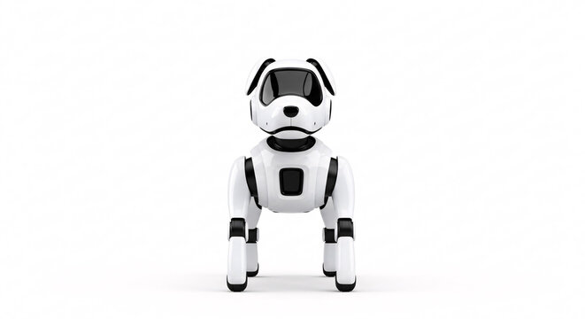 White and Black Robot Dog with Shiny Facets Stands on Plain White Background with Artificial Intelligence and Robotics Concept