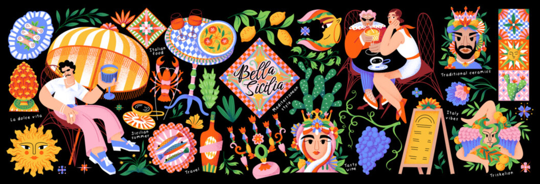 Summer Italian Sicily. Vector Mediterranean isolated illustrations of Italian food, ceramic tile, wine, lemon, cafe with people on vacation, sardines, Triskelion, menu  for icons, and a postcard.
