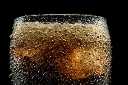 Macro close-up of a large glass overflowing with carbonated soda and frothy bubbles against a black background