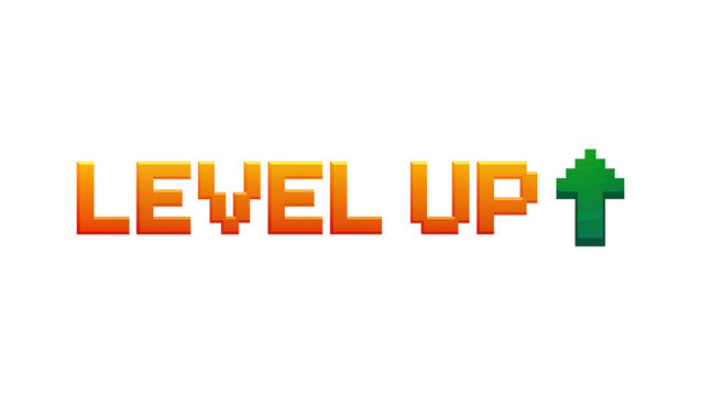 Pixelated orange LEVEL UP text with green arrow, isolated on transparent background