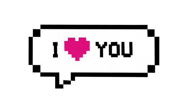 Pixelated speech bubble with I love you text and heart, isolated on transparent background