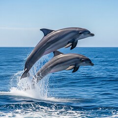 Fototapeta premium Playful dolphins leaping from the ocean waves in a beautiful display