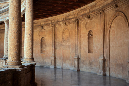 Renaissance circular courtyard in palace of charles v, alhambra, granada, spain, with columns and arches