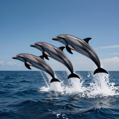 Fototapeta premium Playful dolphins leaping from the ocean waves in a stunning display