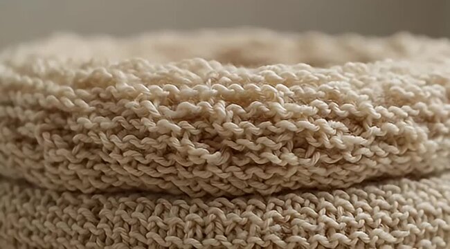 Close up image showcasing the intricate texture of cream knitted wool