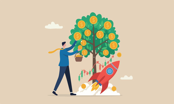 Harvest money rocket market prosperity, economic boom, savings or investing concept, businessman harvesting dollar coin from growing money tree