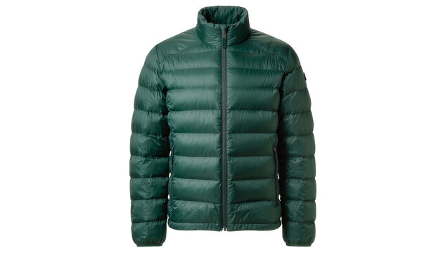 Dark green quilted puffer jacket with zipper, isolated on transparent background
