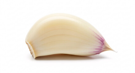 Fototapeta premium Single Garlic Clove with Smooth White Skin and Faint Purple Hues on White Background with Detailed Texture and Fine Shadows
