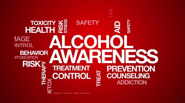 Alcohol awareness concept Animated Tag Word Cloud kinetic typography, Text Design Animation typography seamless loop video motion graphics Intro Wordart red background backdrop bg campaign clip      