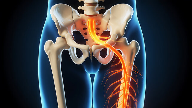 3D Anatomical Render of Human Sciatic Nerve and Pelvic Bone Structure