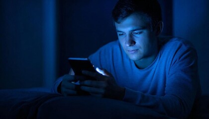 Fototapeta premium Young man in the glow of a smartphone screen, addiction and endless scrolling