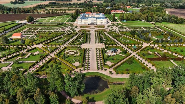 Drone view of Rundale Palace and symmetrical Baroque garden in Latvia
