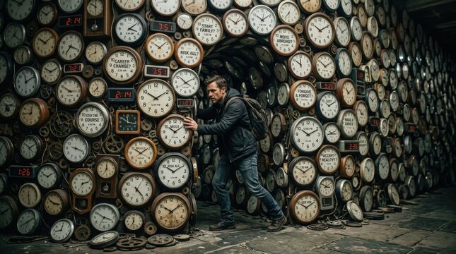 Surreal composition of man walking into wall of clocks