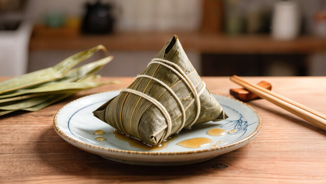 Steamed zongzi on plate with bamboo leaves and chopsticks, showcasing traditional rice dumpling wrapped in bamboo leaves. Steamed zongzi concept for cultural cuisine and festive occasions.
