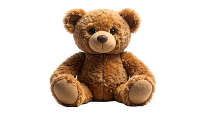 Fototapeta premium Plush brown teddy bear with dark eyes and a happy expression, isolated on black