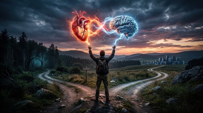Surreal heart and brain floating above person at diverging paths