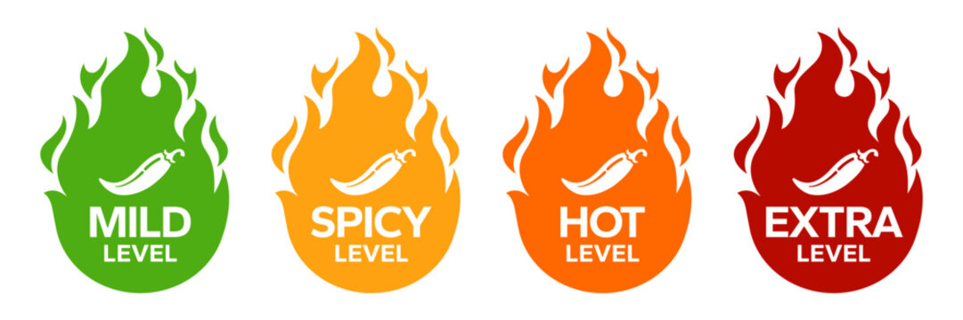 Red Chili Peppers Fire Flames icon. Chili mild level, spicy level, hot level, extra level Label. Hot Spicy green, yellow, orange icons. Logo Spicy. Extra chilli badge. Hand drawn. Vector illustration.