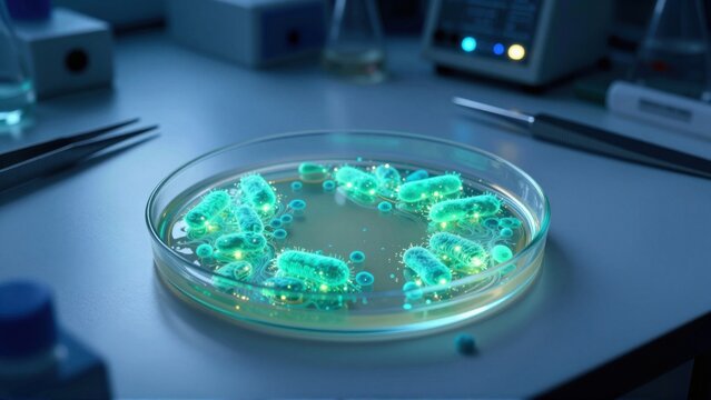 Petri dish containing glowing bacterial colonies in laboratory