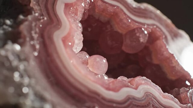 Close up view of a pink crystal geode formation