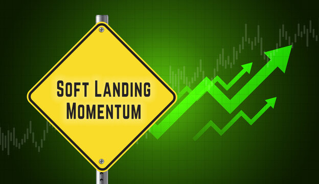Soft Landing Stock Market Momentum, Bullish Growth Trend with Rising Green Arrows on Dark Financial Chart Background